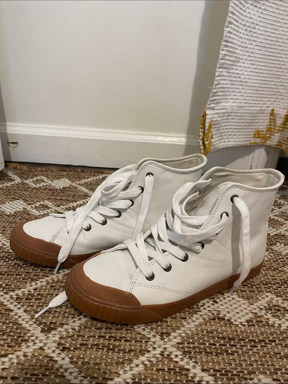 Tretorn White High-Top Leather Sneakers with Tan Rubber Outsole